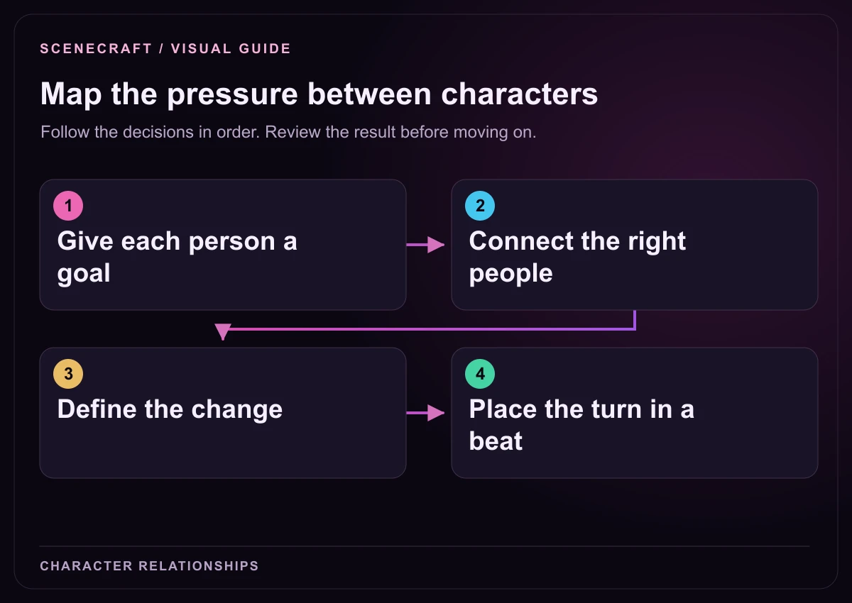 Workflow diagram: Give each person a goal → Connect the right people → Define the change → Place the turn in a beat.