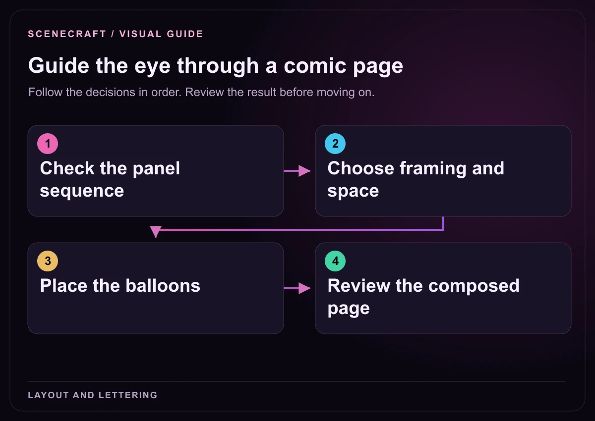 Workflow diagram: Check the panel sequence → Choose framing and space → Place the balloons → Review the composed page.