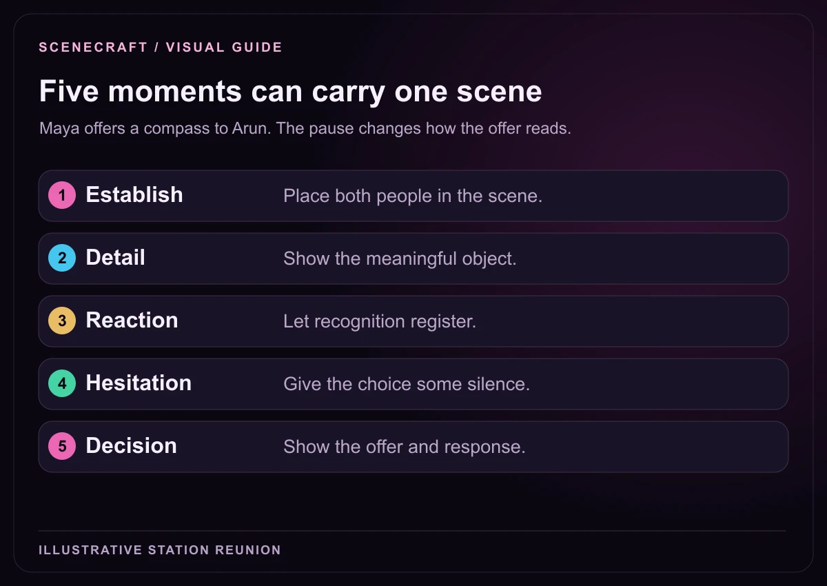 Five comic storytelling moments: establish the place, show the compass, register recognition, allow hesitation, and show a decision.